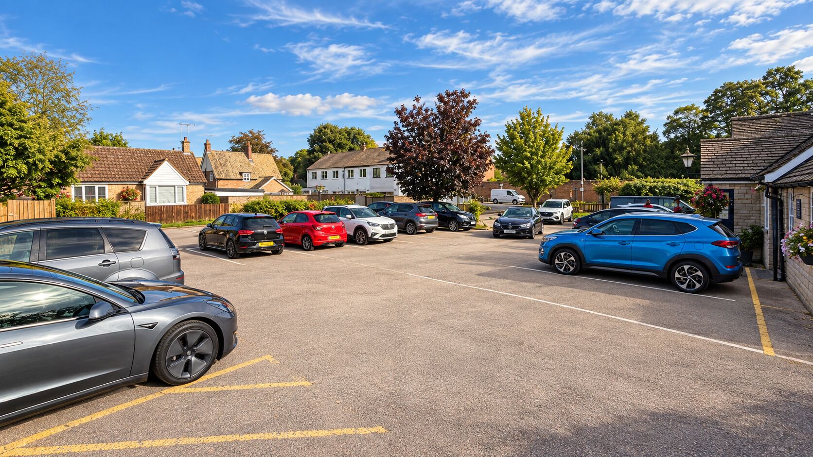 Cars parked in marked bays beside The Barley Mow, with trees and houses beyond
