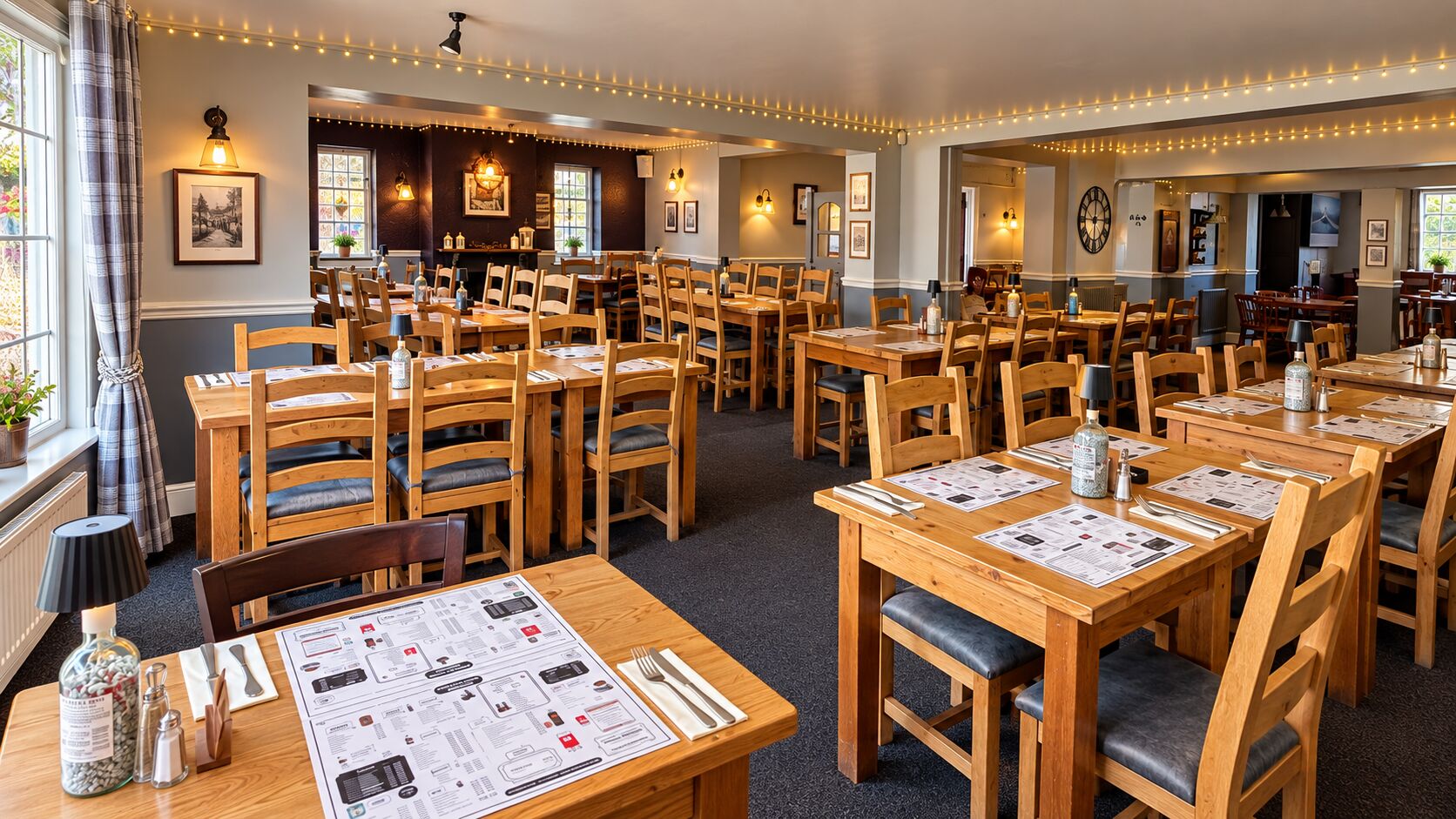 The restaurant dining room at The Barley Mow, with wooden tables, chairs and warm string lights